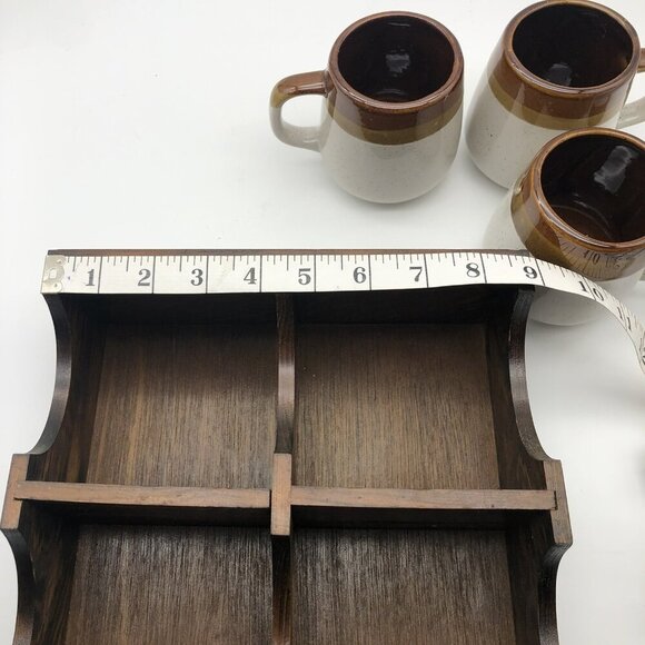 Vintage Wood Coffee Mug Display Case With 4 Stoneware Mugs Wall Hanging Shelf - Picture 10 of 16